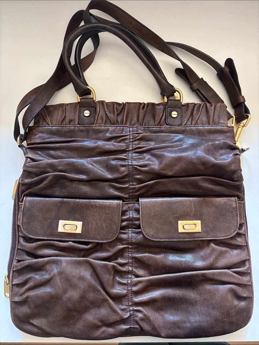 Alexis Hudson Brown Leather Ruched Tote Bag with Front Pockets